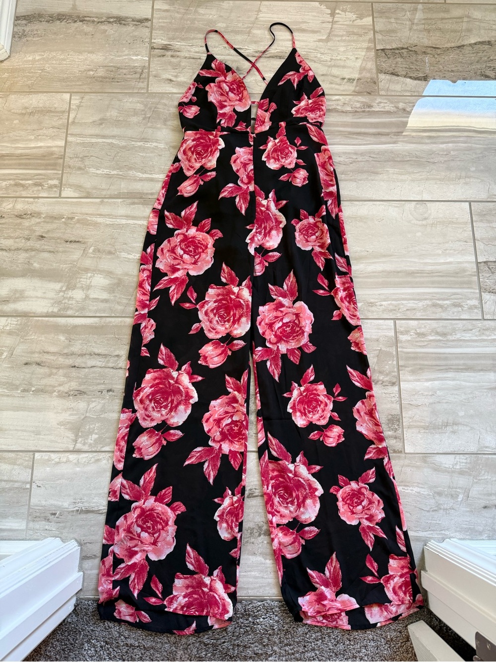 Forever 21 Floral Pink Rose Wide-Leg Jumpsuit - Black Background